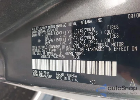 2006 Toyota Tundra Sr5 z USA, uszkodzony, nr VIN 5TBRU34176S477930